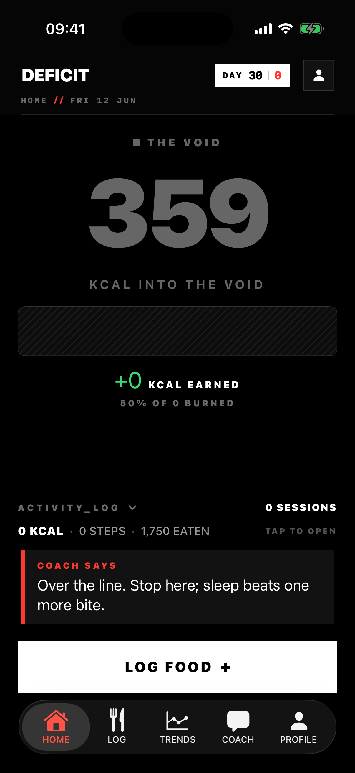 DEFICIT home tab in the Void state — 359 kcal into the void, still under maintenance