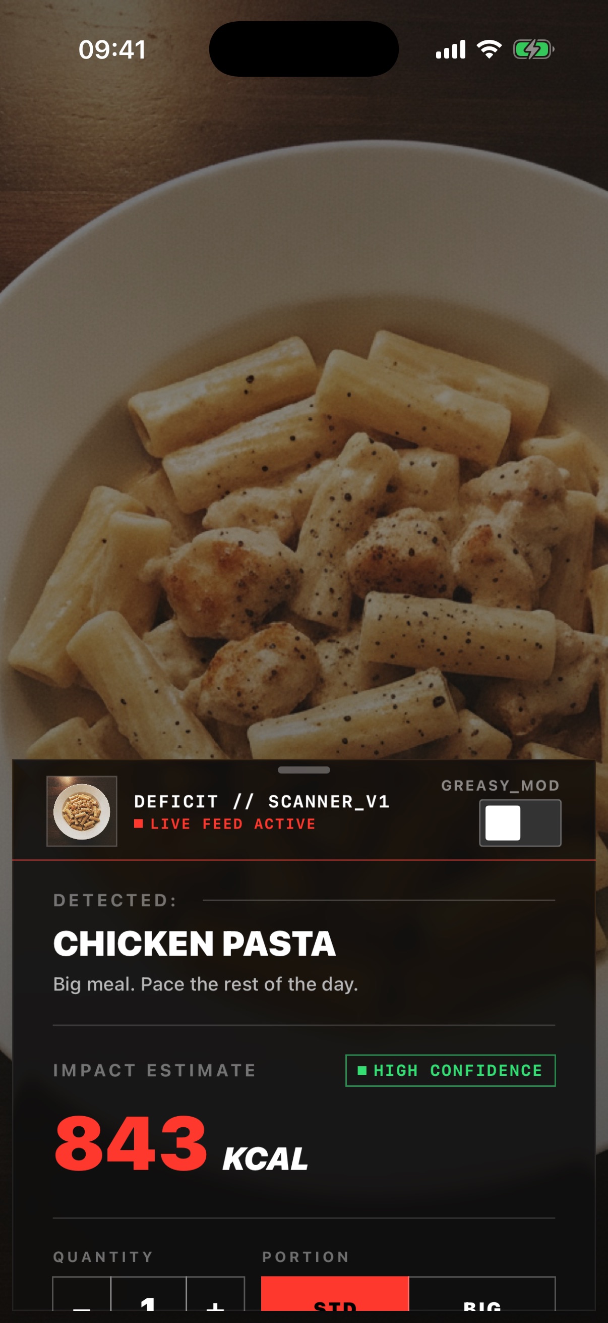 DEFICIT AI scan result: a photographed plate detected as chicken pasta at 843 kcal with high confidence and a full macro breakdown